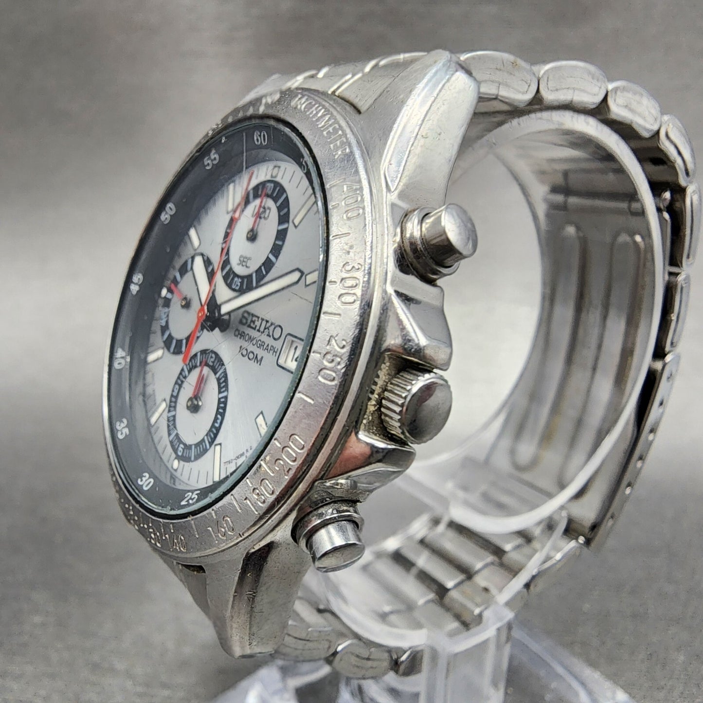 Seiko Chronograph Watch Men 40mm Silver Dial silver Tone Date 7t920dw0 Newbatt2