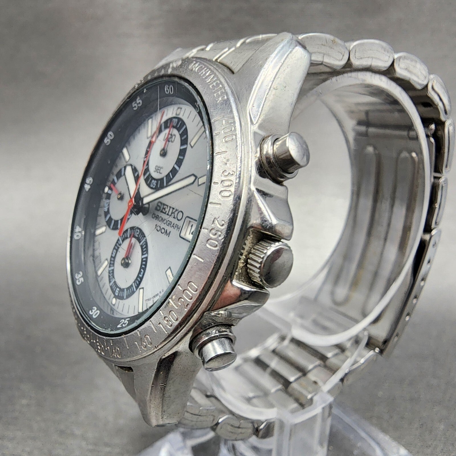 Seiko Chronograph Watch Men 40mm Silver Dial silver Tone Date 7t920dw0 Newbatt2