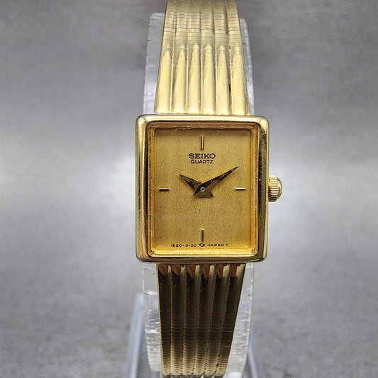 Seiko Tank Watch Women 14mm Champagne Dial Gold Tone 1e205059 New Battery0