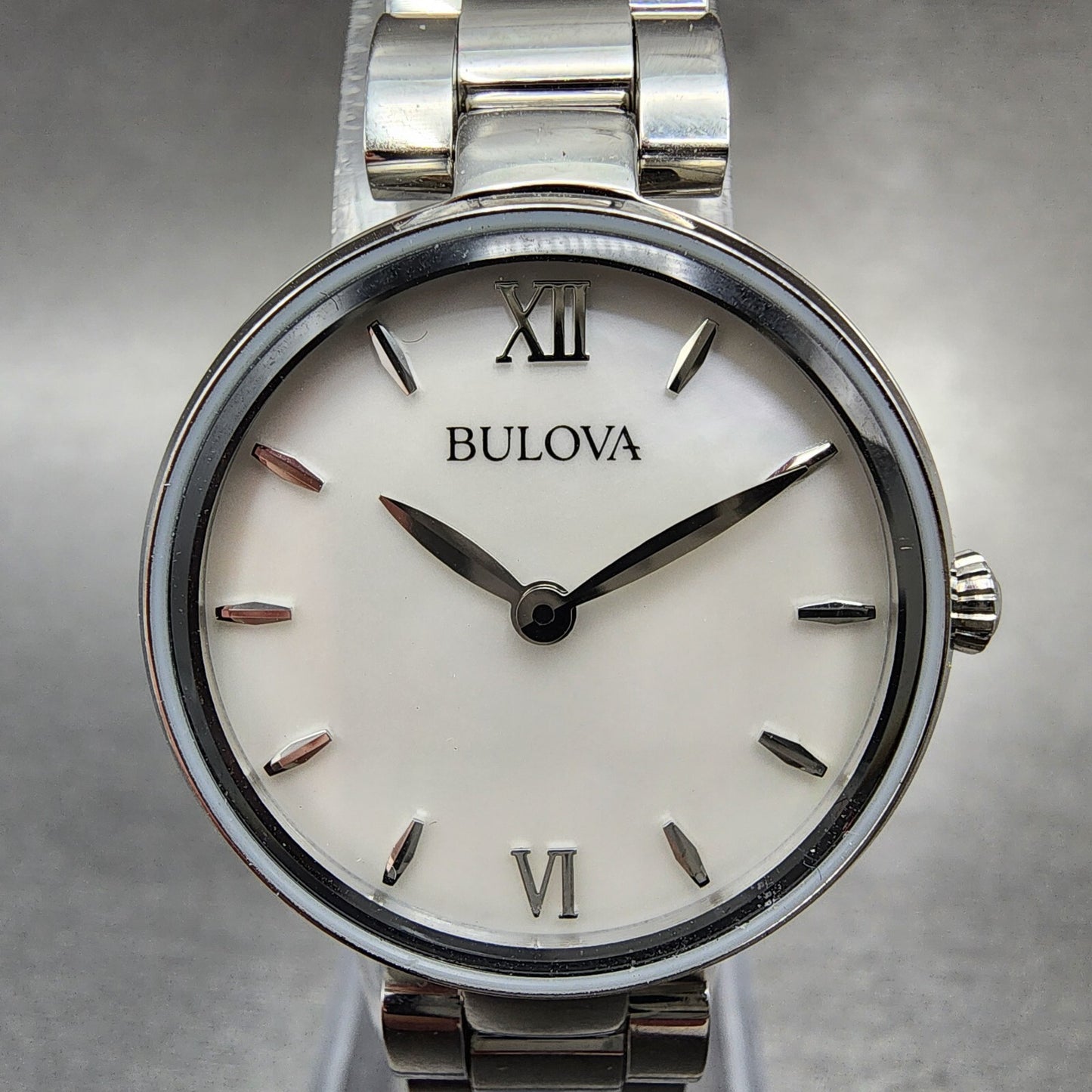 Bulova Watch Women 27mm MOP Dial Steel Round 96L229 New Battery1