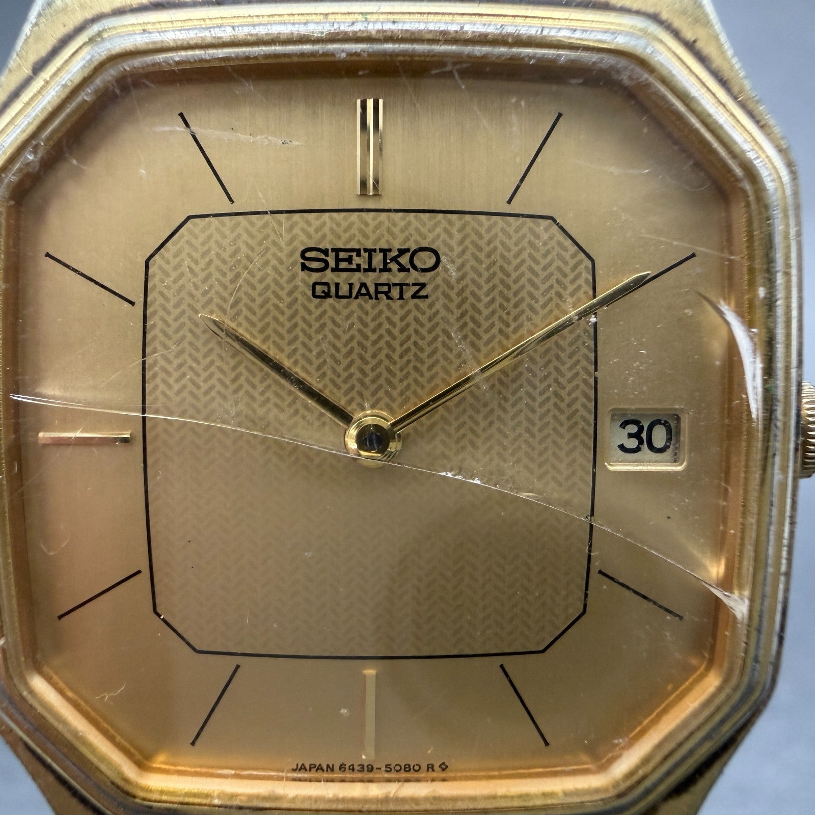 Seiko Watch Men 29mm Champagne Dial Gold Tone Date Octagon 6439-5039 New Batt 761