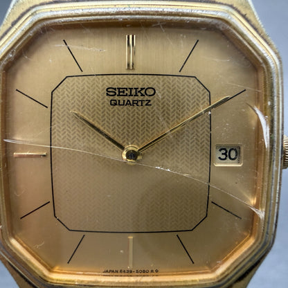 Seiko Watch Men 29mm Champagne Dial Gold Tone Date Octagon 6439-5039 New Batt 761