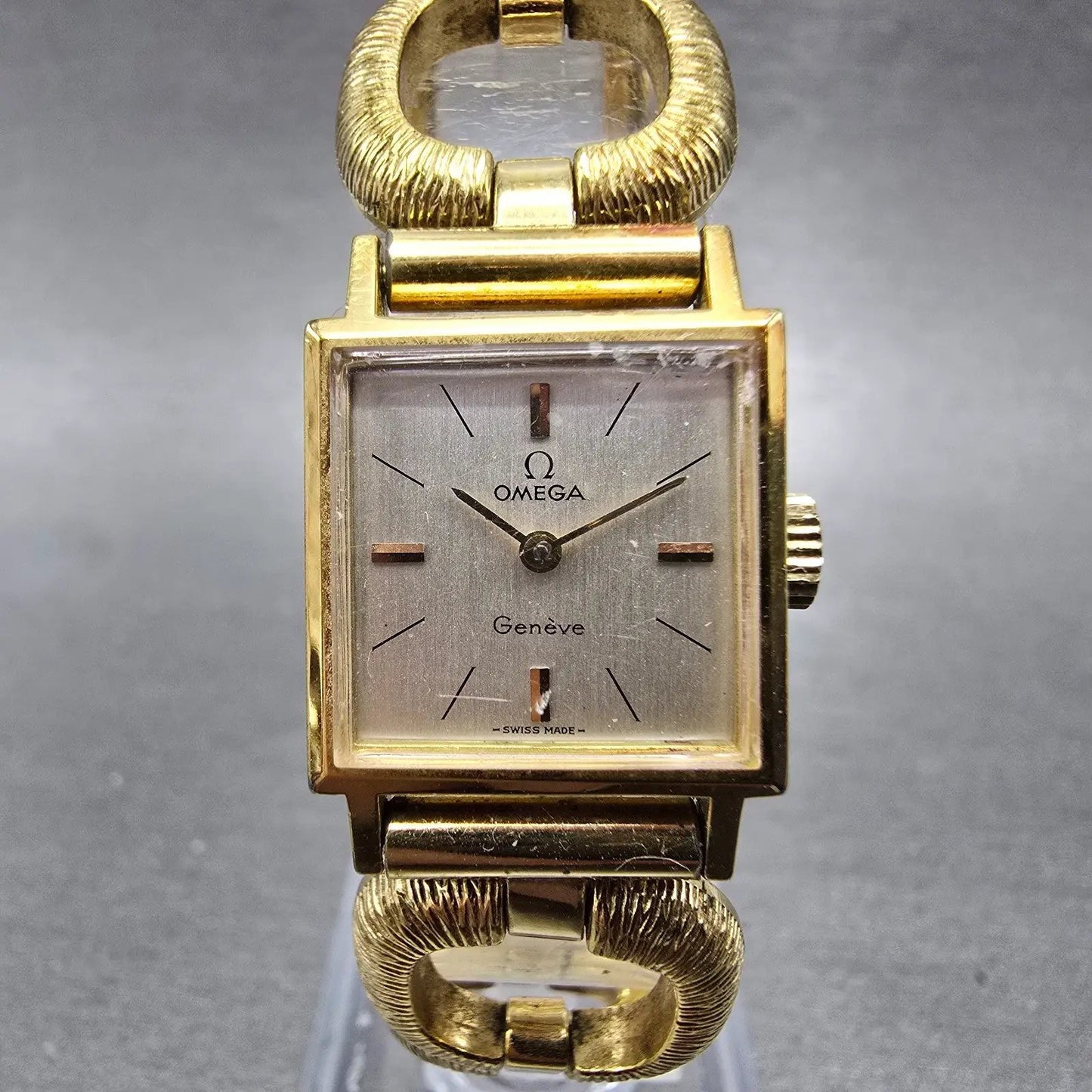 Omega Geneve Tank Watch Women 17mm Silver Dial Gold Plated Manual Wind Runs VTG0