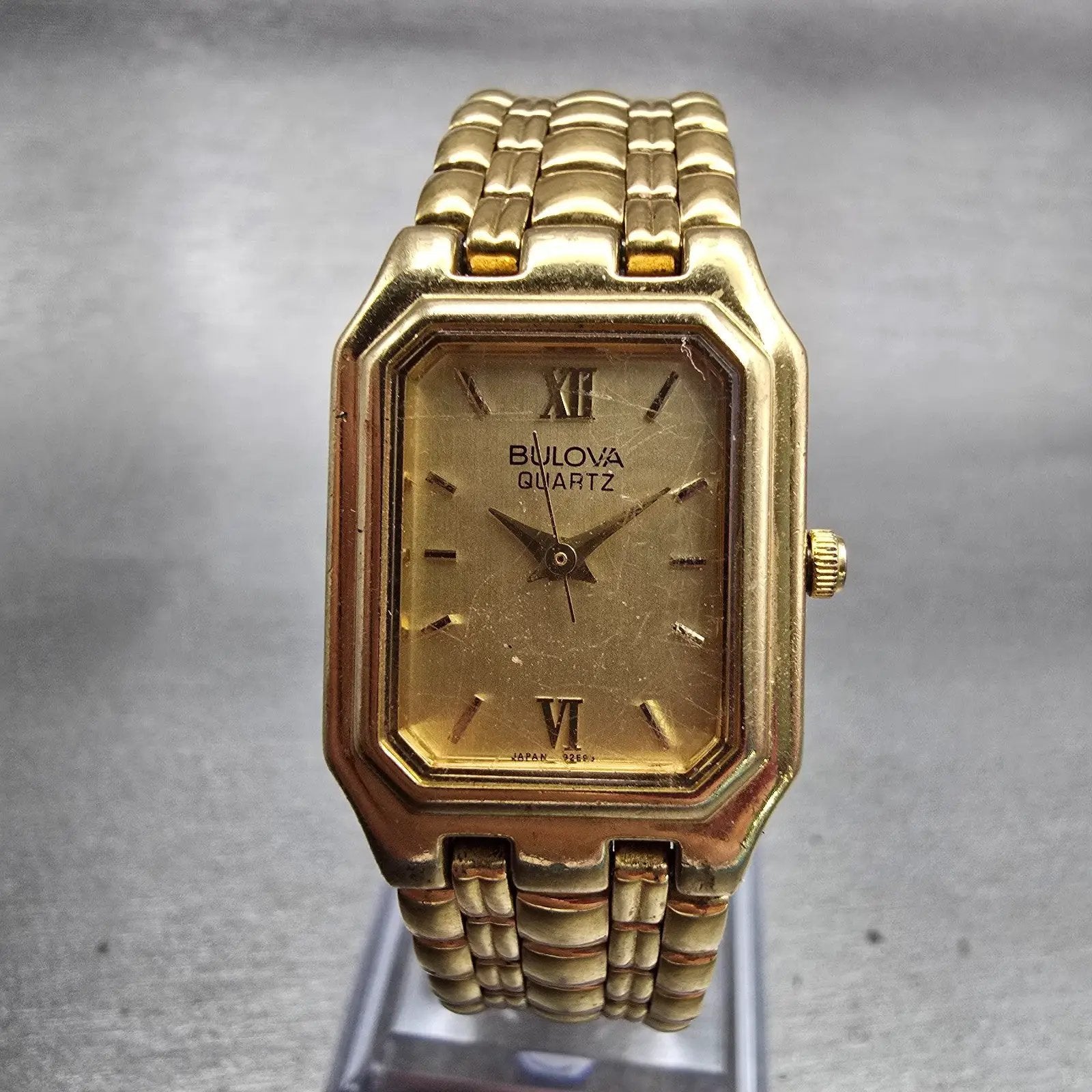 Bulova Watch Women 19mm Gold Dial Gold Tone Rectangle Vintage New Battery0