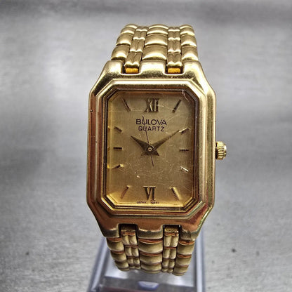 Bulova Watch Women 19mm Gold Dial Gold Tone Rectangle Vintage New Battery0
