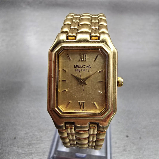 Bulova Watch Women 19mm Gold Dial Gold Tone Rectangle Vintage New Battery0