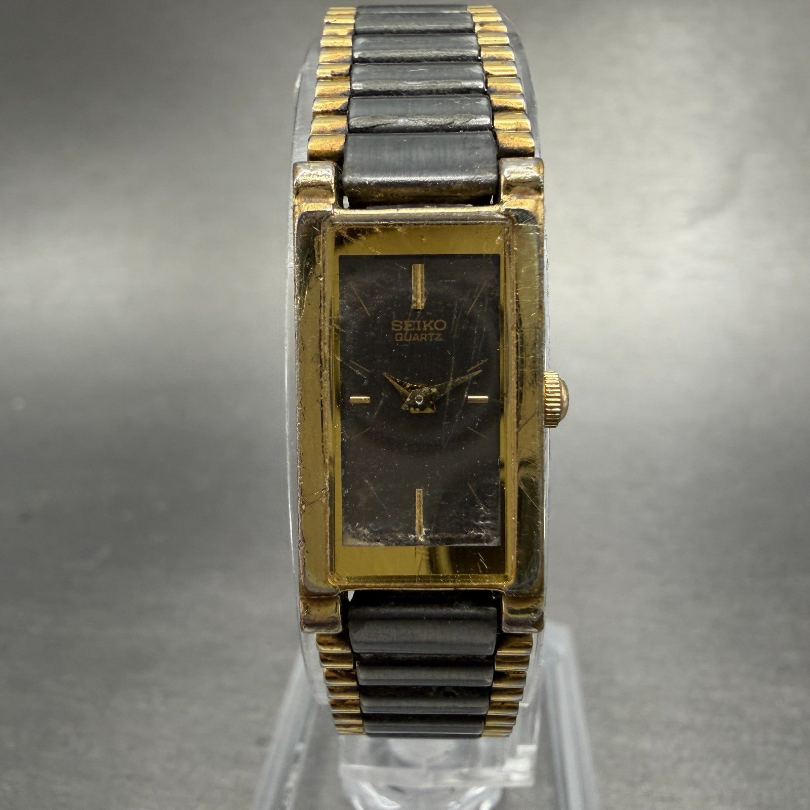 Seiko Tank Watch Women 13mm Black Dial Black & Gold Tone 1E20-551H New Battery 40