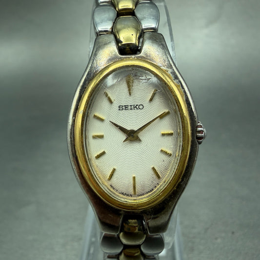 Seiko Watch Women 20mm White Dial Two Tone Oval 1n00-6F80 New Battery Vintage 4F0