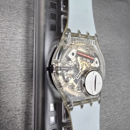 Swatch Time to Reflect Watch Men 34mm Silver Dial Clear Case GZ143 New Batt NOS012