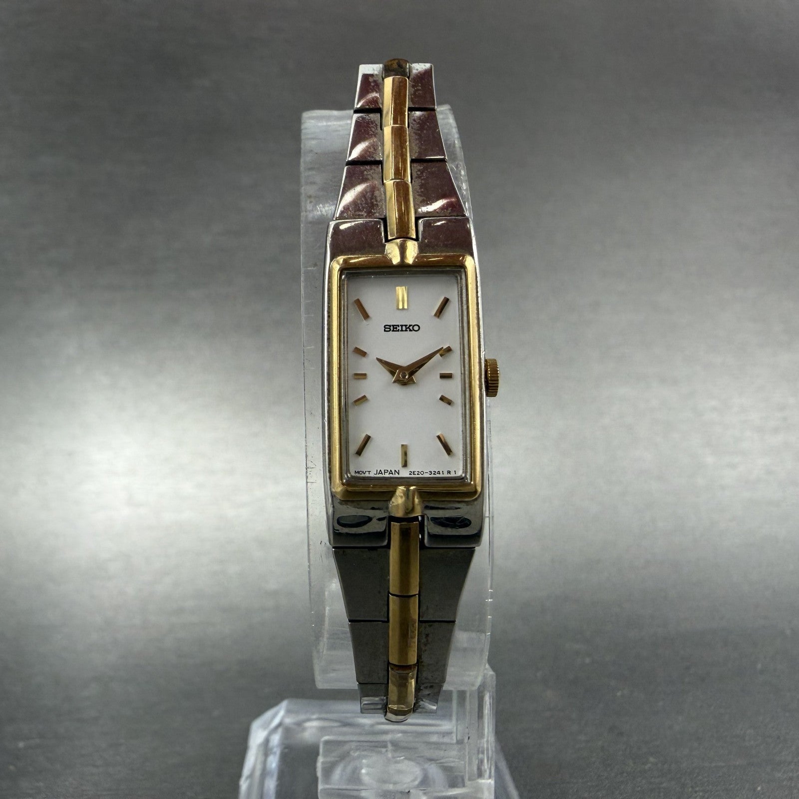 Seiko Tank Watch Women 13mm White Dial two Tone Rectangle 2e20-7479 New Batt OP95