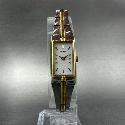 Seiko Tank Watch Women 13mm White Dial two Tone Rectangle 2e20-7479 New Batt OP95