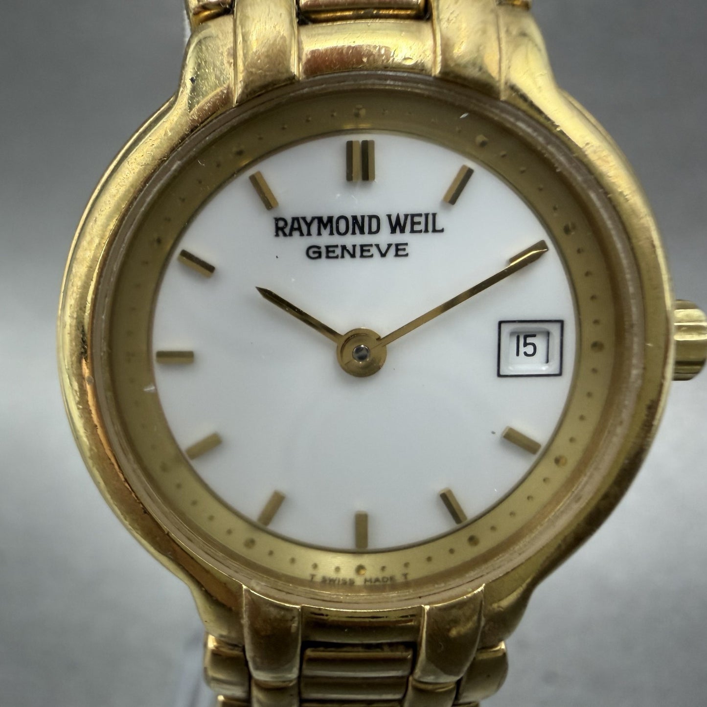 Raymond Weil Watch Women 25mm White Dial Gold Tone Date 9968 New Battery READ!!!1