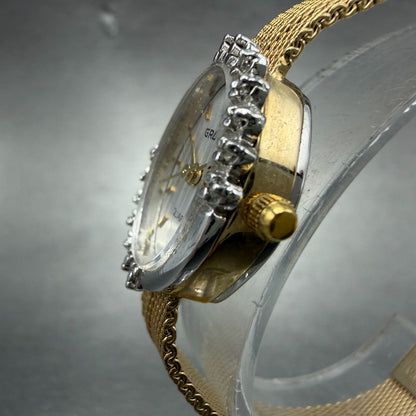 Gruen Watch Women 16mm White Dial Gold Tone Oval Diamond Bezel New Battery ABC2