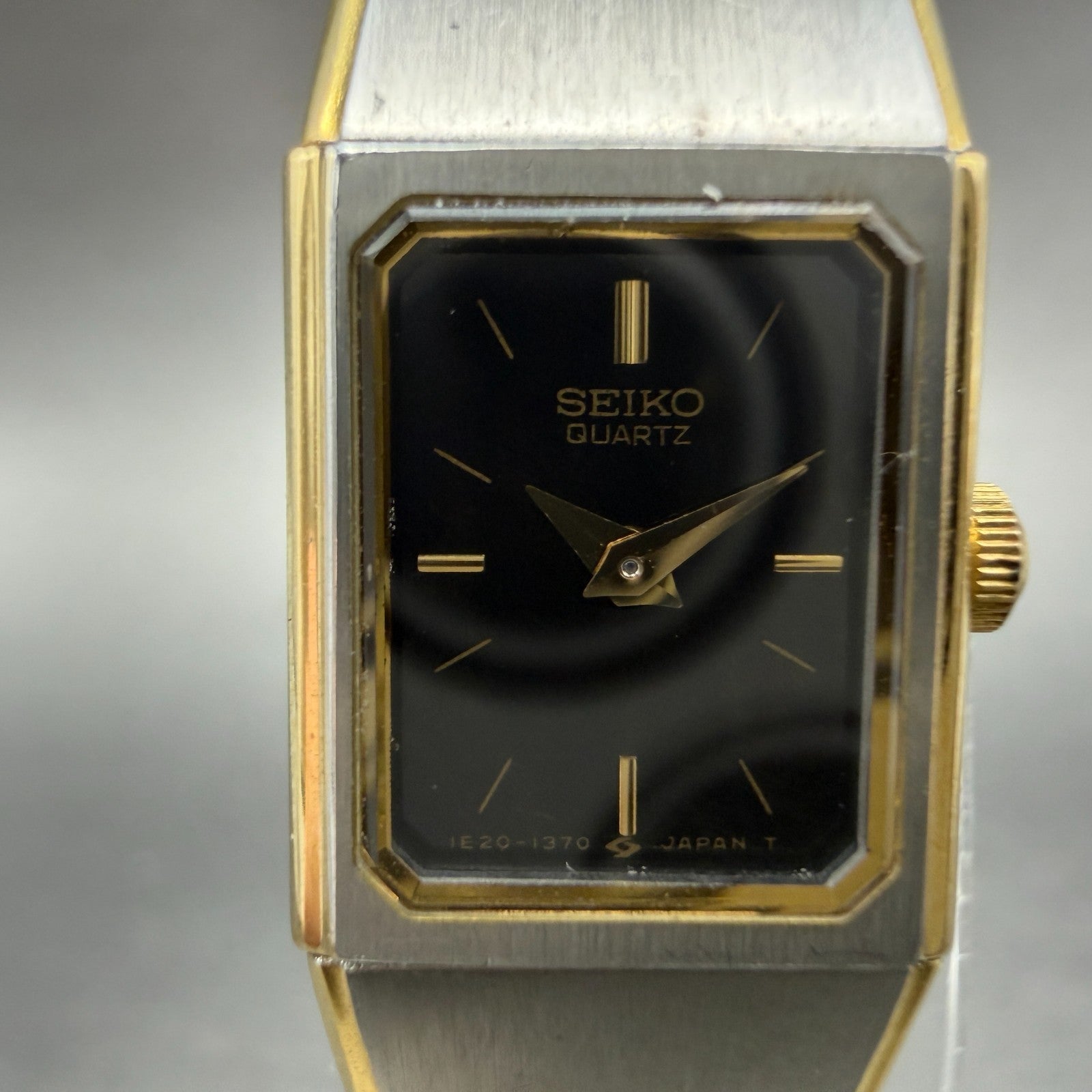 Seiko Tank Watch Women 13mm Black Dial Two Tone Rectangle 1E20-5779 New Battery1