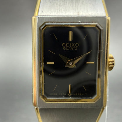 Seiko Tank Watch Women 13mm Black Dial Two Tone Rectangle 1E20-5779 New Battery1