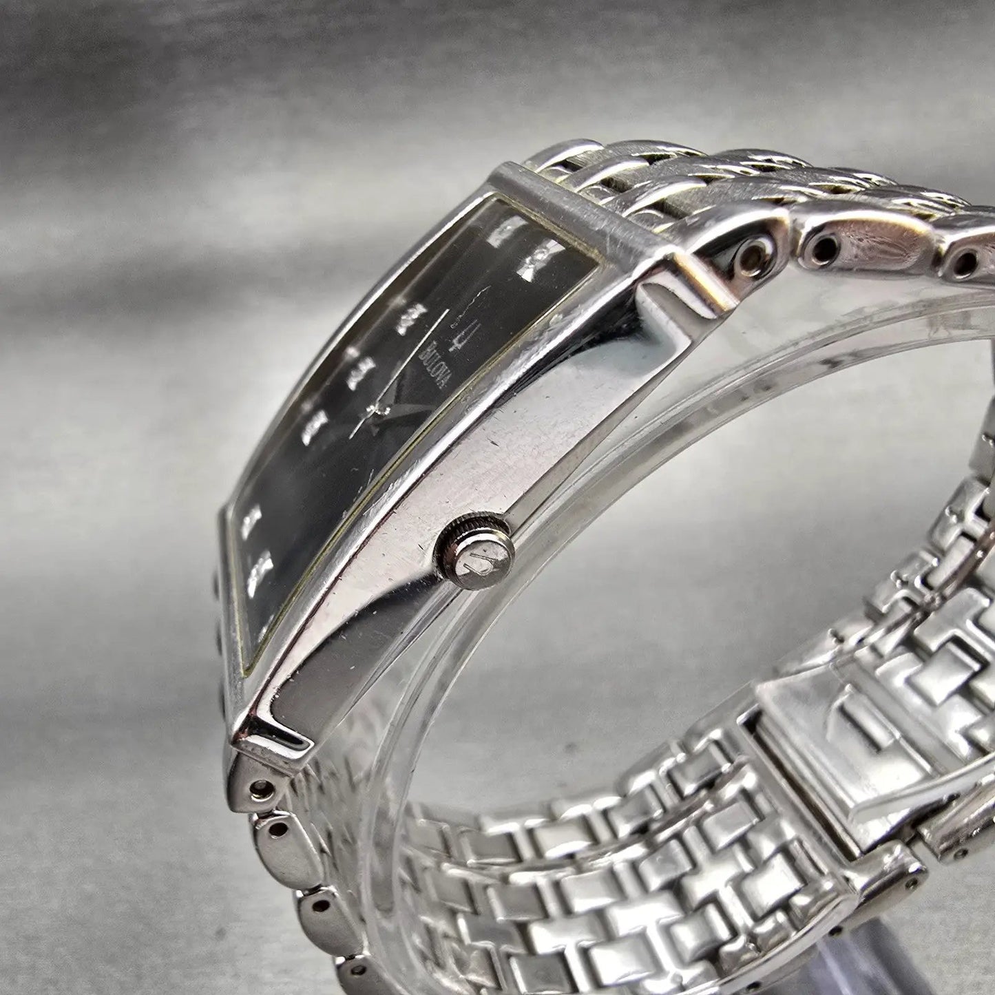 Bulova Watch Men 25mm Black Dial Silver Tone Gemmed Rectangle 96D12 New Batt2