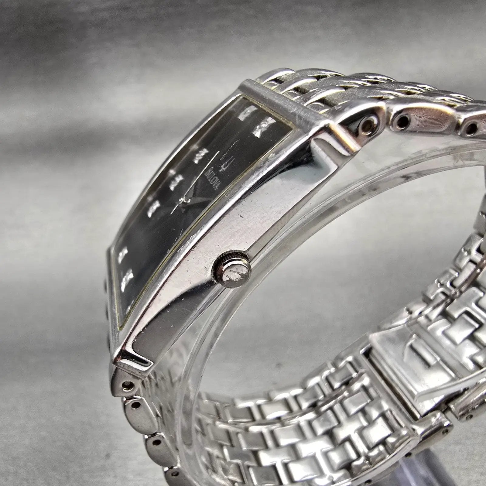 Bulova Watch Men 25mm Black Dial Silver Tone Gemmed Rectangle 96D12 New Batt2