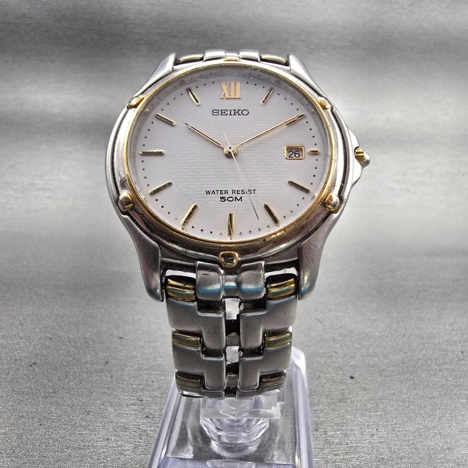 Seiko Watch Men 35mm White Dial Two Tone Date Round 7N32-0049 New Battery VTG5