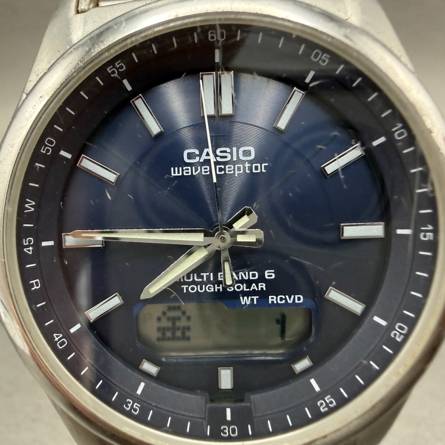 Casio Wave Ceptor Watch Men 42mm Blue Dial Steel Solar Analog Digital Works KLPT1