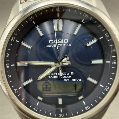 Casio Wave Ceptor Watch Men 42mm Blue Dial Steel Solar Analog Digital Works KLPT1
