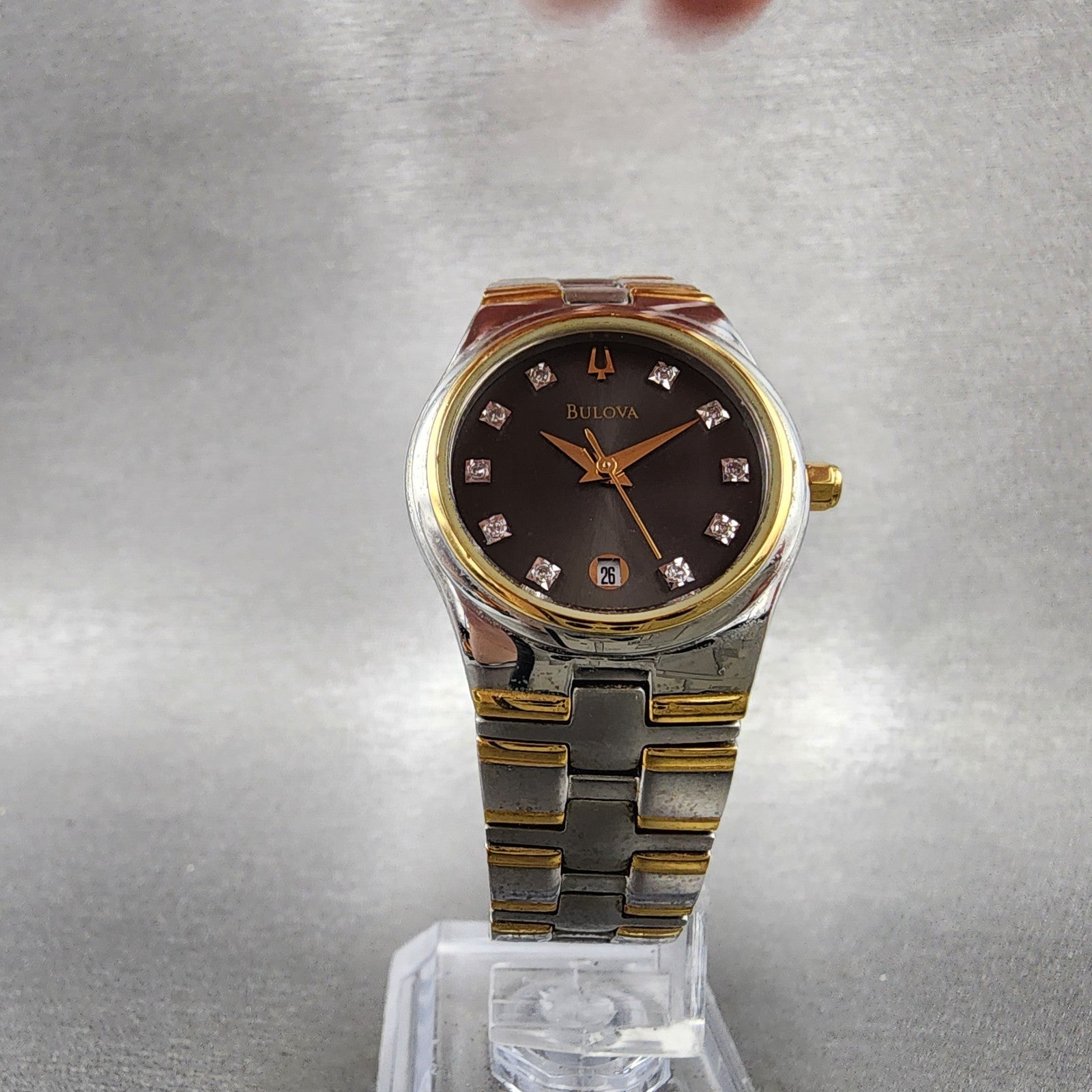 Bulova Watch Women 26mm Black Dial Two Tone Date Round 98P109 New Battery5