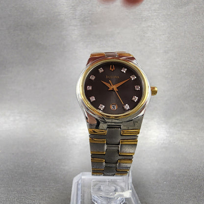 Bulova Watch Women 26mm Black Dial Two Tone Date Round 98P109 New Battery5