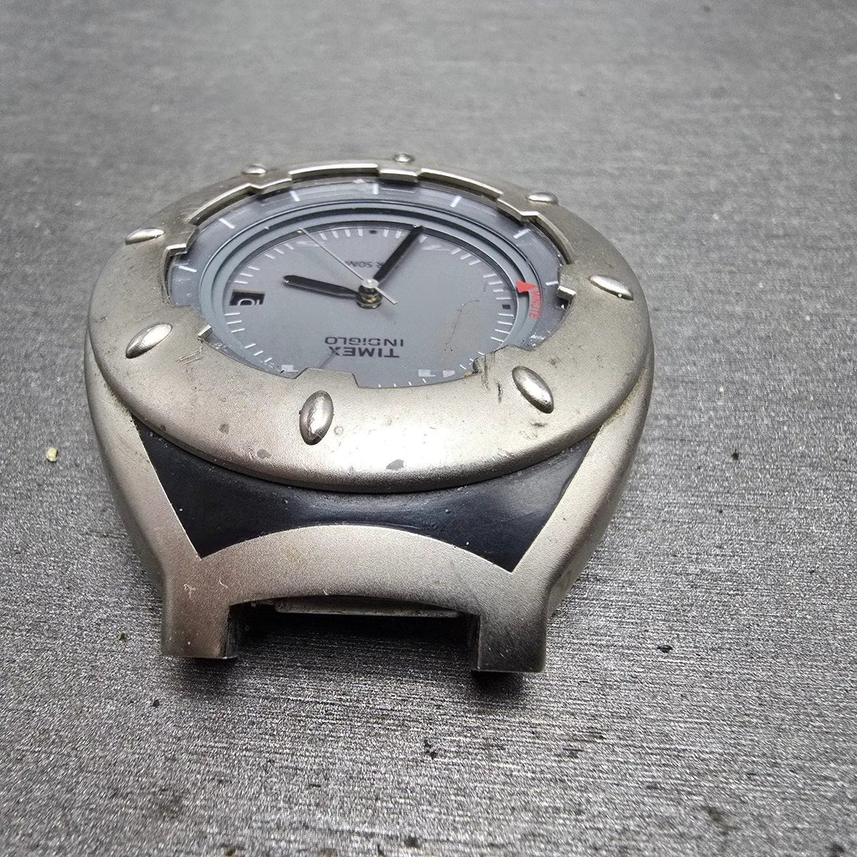 Timex Alarm Watch Men 41mm Gray Dial Silver Tone Date Round Indiglo PARTS6