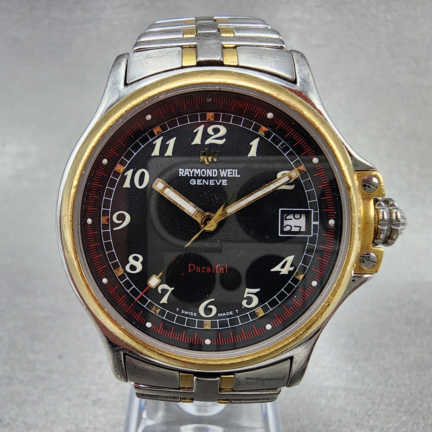 Raymond Weil Parsifal Watch Men 37mm Black Dial Two Tone Date Round READ!! NewBa1
