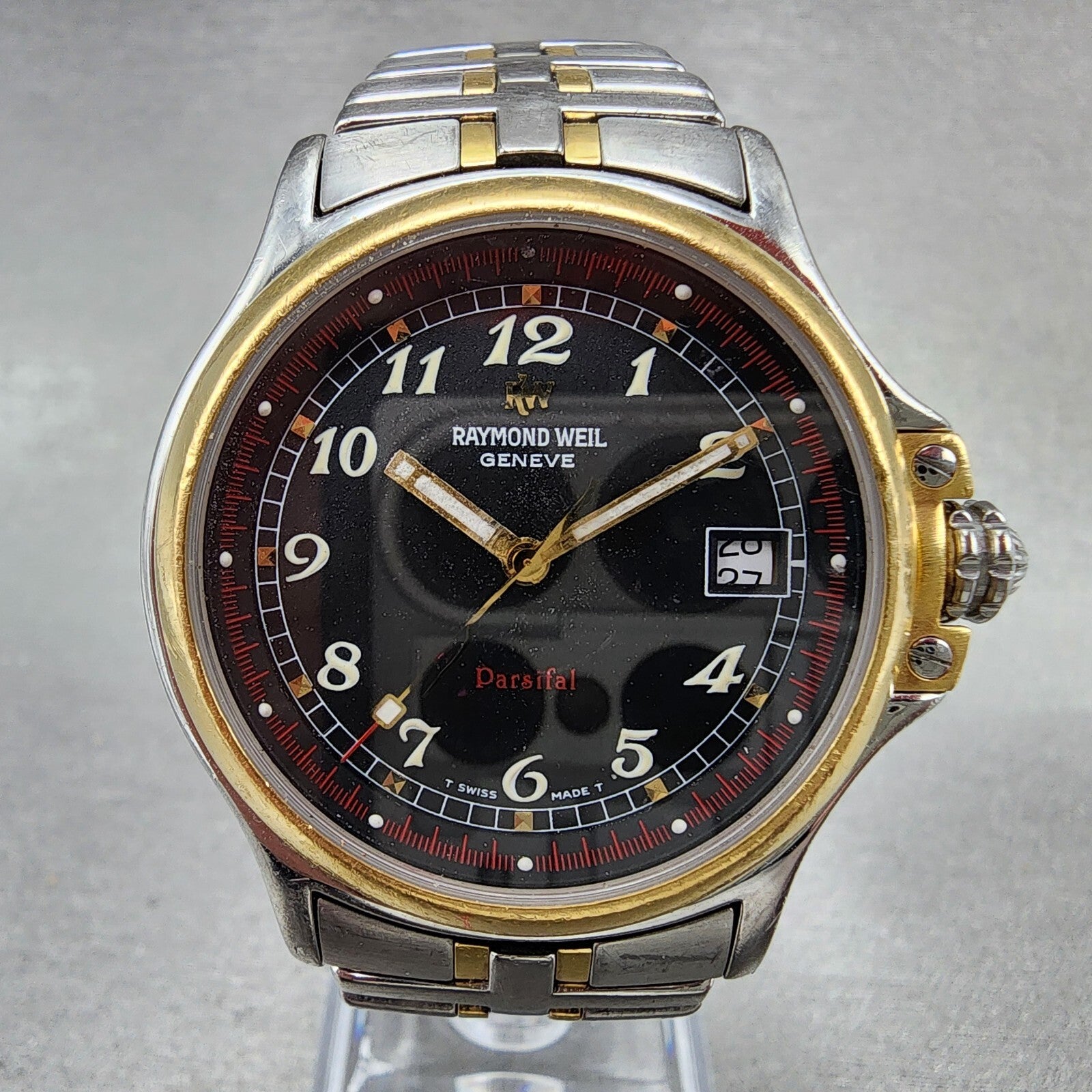 Raymond Weil Parsifal Watch Men 37mm Black Dial Two Tone Date Round READ!! NewBa1