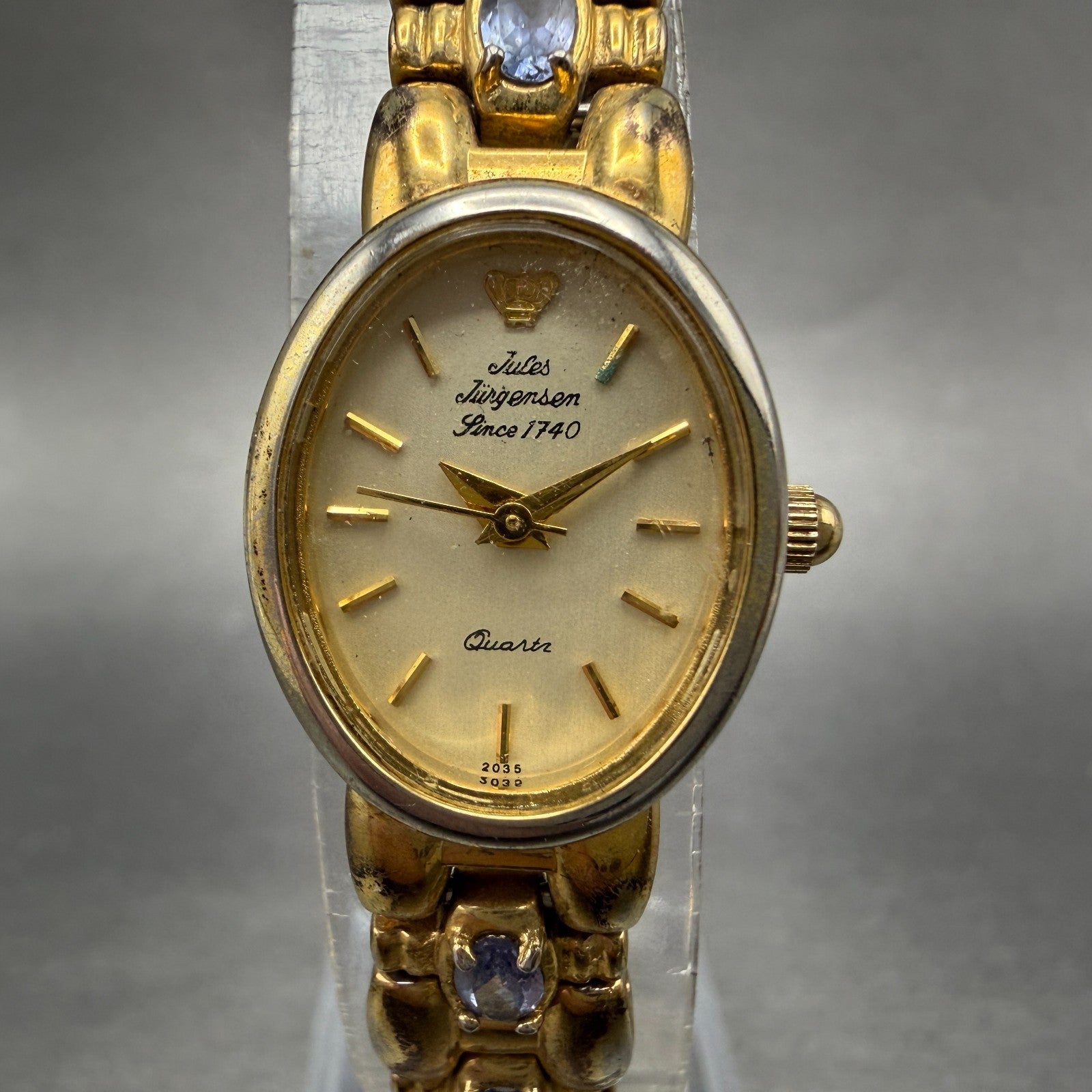 Jules Jurgenson Watch Women 17mm Champagne Dial Gold Oval Blue Gems New Batt 9080