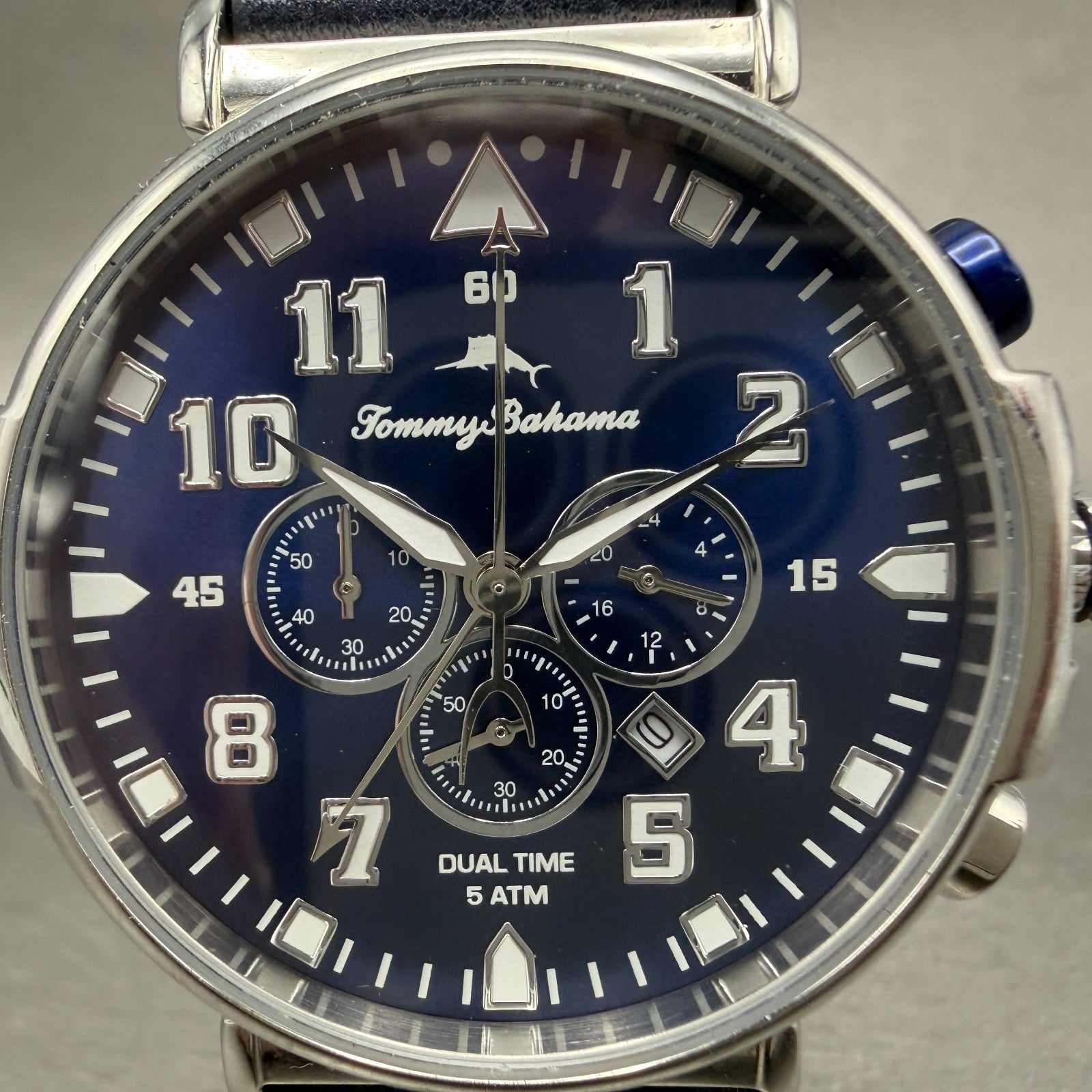 Tommy Bahama Chrono Watch Men 46mm Blue Dial Steel Date Dual Time New Battery1