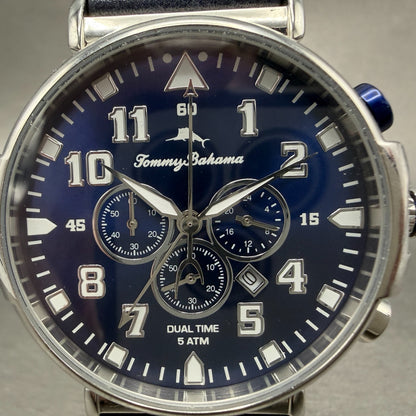 Tommy Bahama Chrono Watch Men 46mm Blue Dial Steel Date Dual Time New Battery1