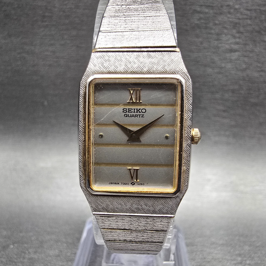 Seiko Tank Watch Women 18mm Silver Dial Two Tone Rectangle 7320-6330 New Battery0