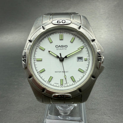 Casio Dive Watch Men 41mm White Dial Silver Tone Date Round MTP-1244 New Batt 9E0
