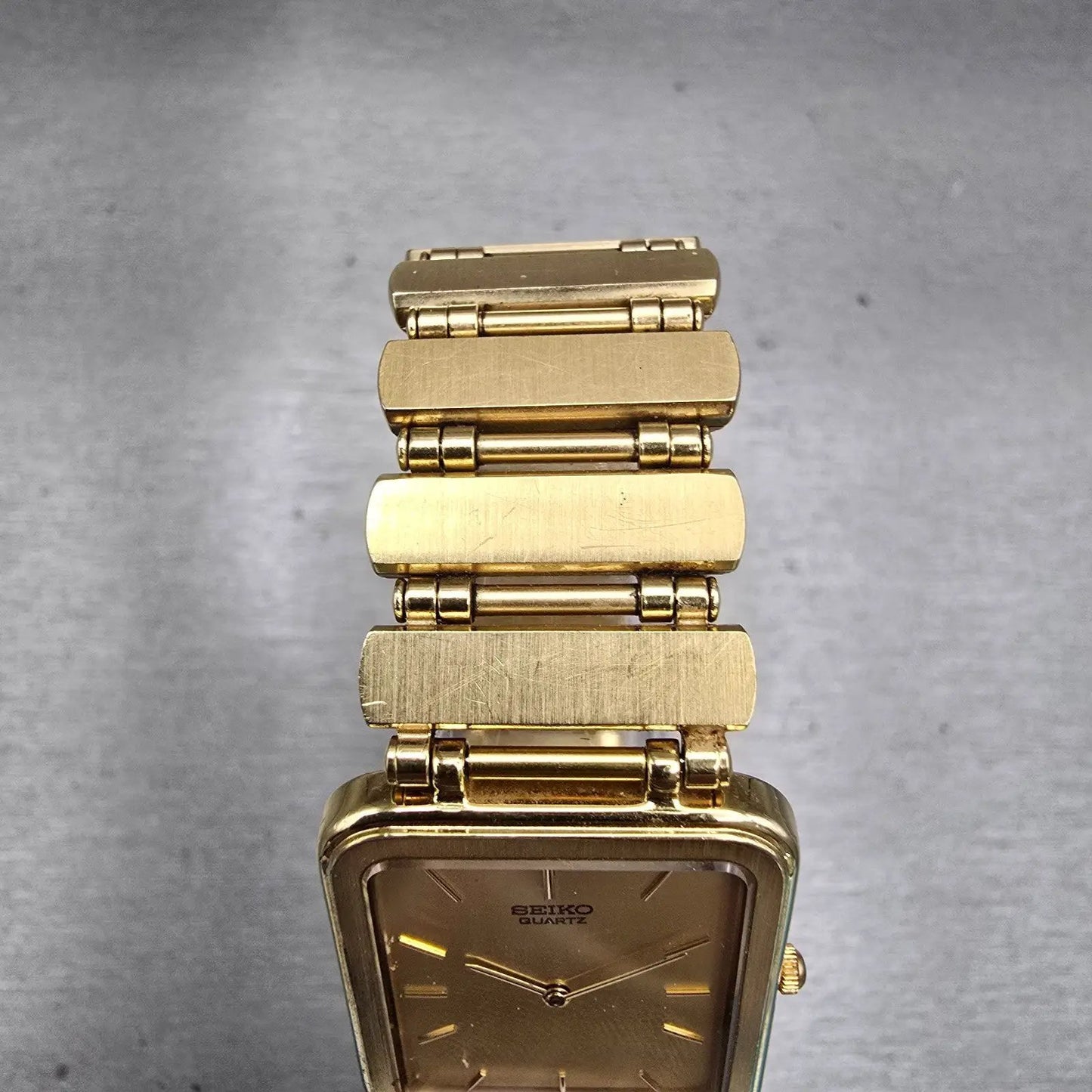 Seiko Watch Men 23mm Gold Dial Gold Tone Rectangle 7320-5889 New Battery VTG4