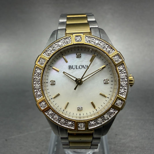 Bulova Crystal Watch Women 28mm MOP Dial Two Tone Round 98R236 New Battery 6YH0