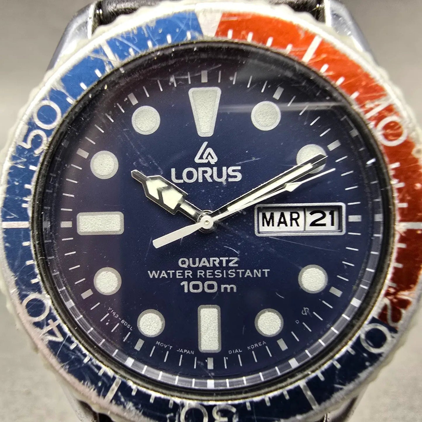 Lorus Dive Watch Men 38mm Blue Dial Silver Tone Daydate Pepsi Y143-804A New Batt1