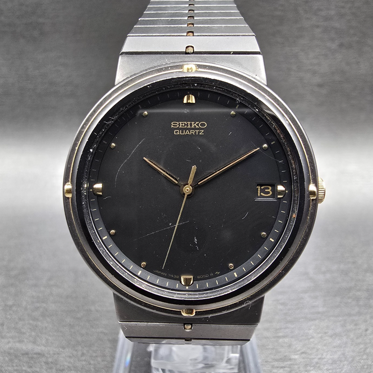 Seiko Watch Men 33mm Gray Dial Two Tone Date Round 7432-6059 New Battery Vintage0
