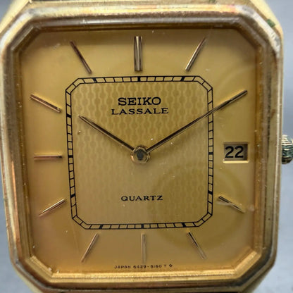Seiko Lassale Tank Watch Men 28mm Champagne Dial Gold Tone Date 6429-5019 PARTS2