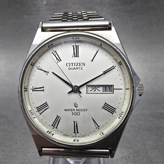 Citizen CQ Watch Men 35mm Silver Dial Silver Tone Daydate Round 4-211138 PARTS0