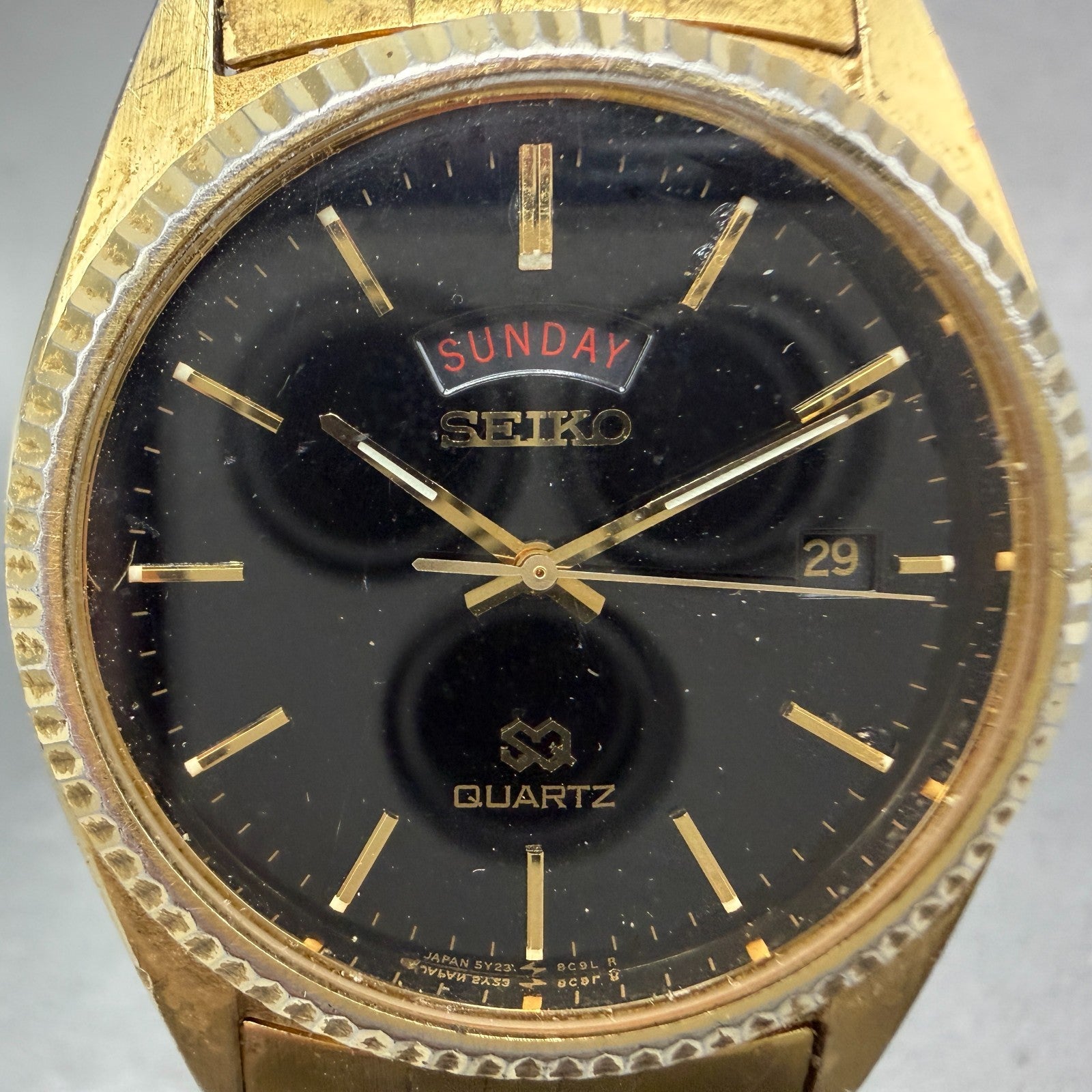 Seiko SQ President Watch Men 36mm Black Dial Gold Tone Daydate 5Y23-8A69 NewBatV1