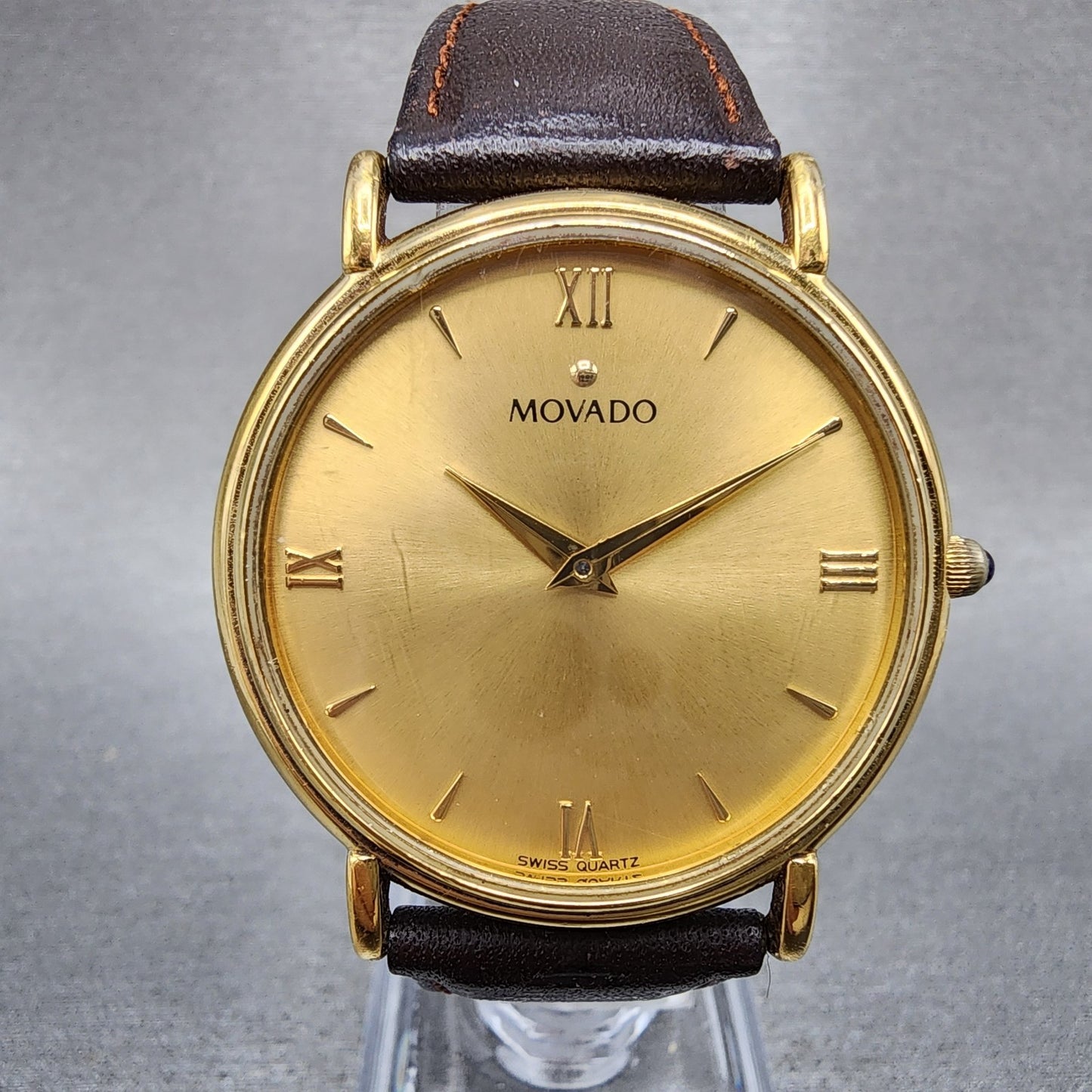 Movado Watch Men 34mm Gold Dial Gold Tone Round 87E40885 Leather New Battery0