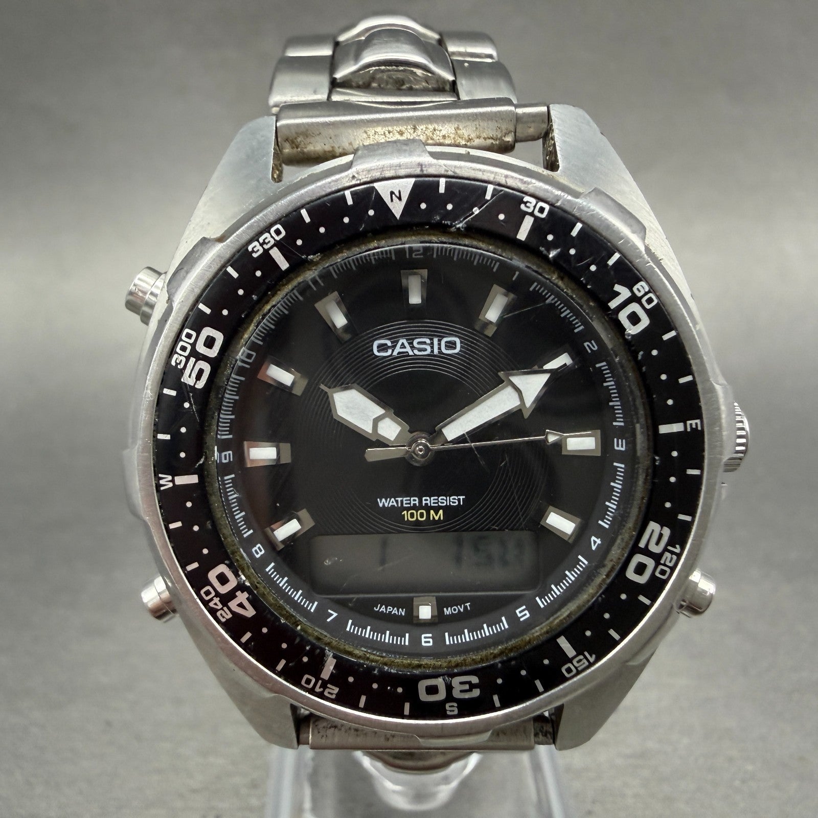 Casio Analog Digital Dive Watch Men 37mm Black Dial Silver Tone AMW-340 New Batt0