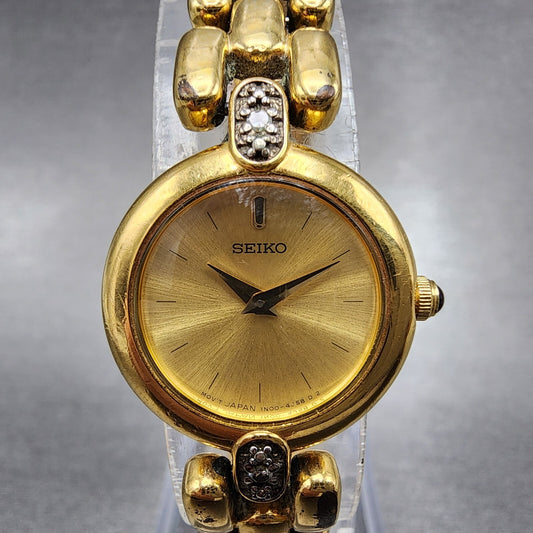 Seiko Watch Women 20mm Gold Dial Gold Tone Diamond Round 1N00-1C99 New Batt VTG