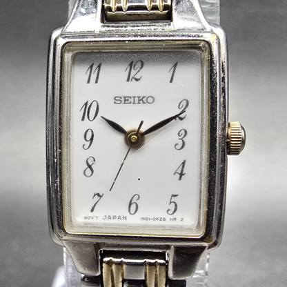 Seiko Tank Watch Women 16mm White Dial Two Tone Rectangle 1N01-0FH0 New Batt1