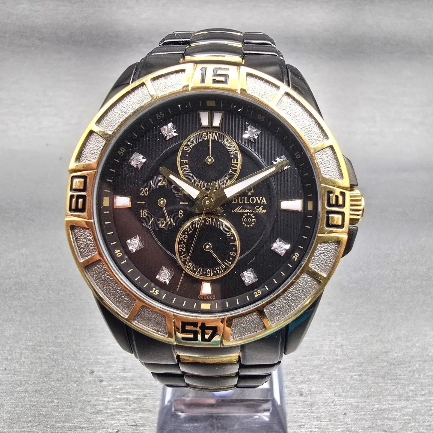Bulova Marine Star Watch Men 42mm Black Dial Two Tone Daydate 98D0002 New Batt0