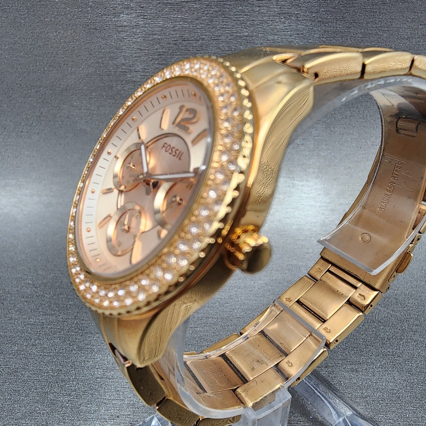Fossil Stella Watch Women 38mm Rose Dial Rose Gold Tone Daydate Round New Batt2