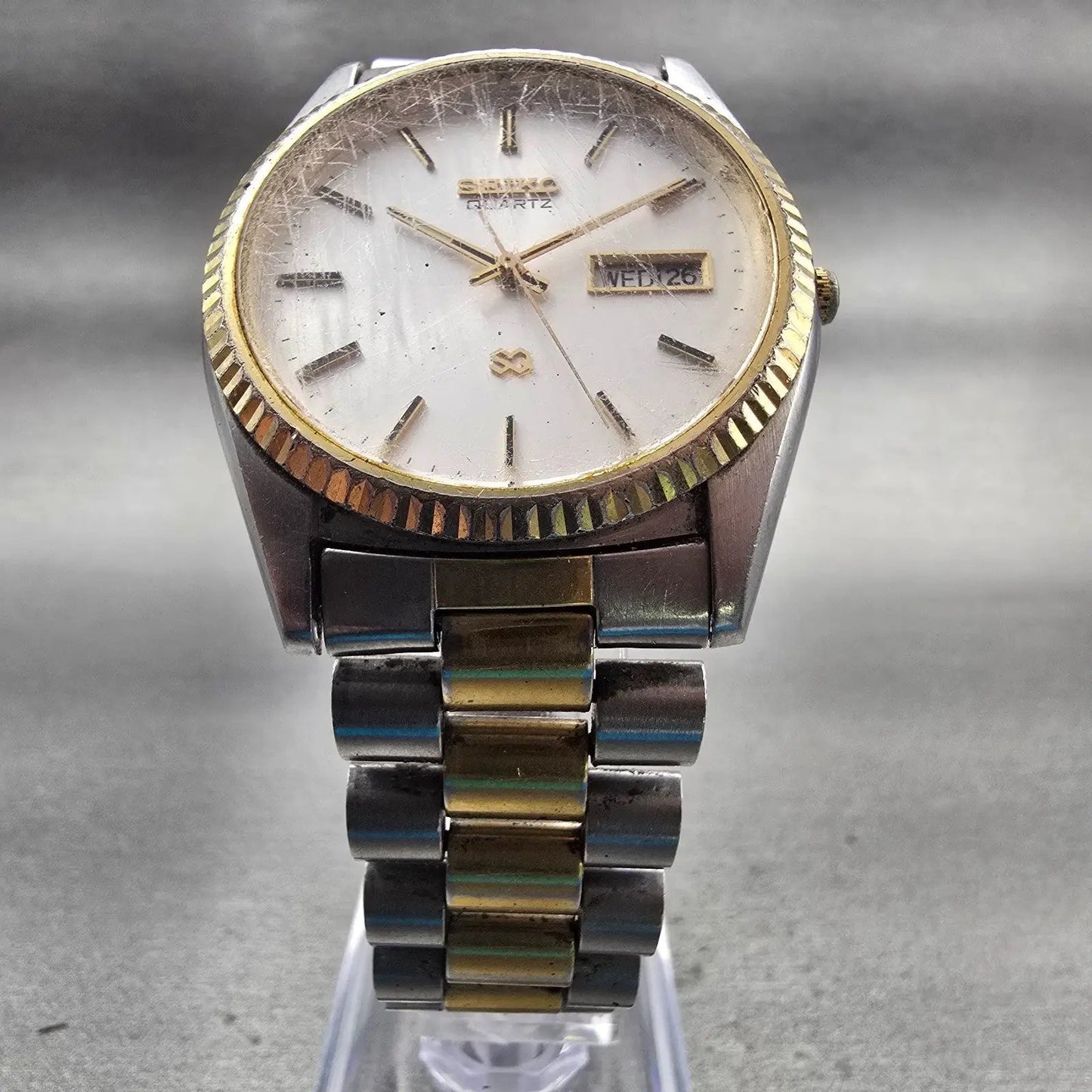 Seiko President Watch Men 35mm Silver Dial Two Tone Daydate 5Y23-8A69 New Batt5