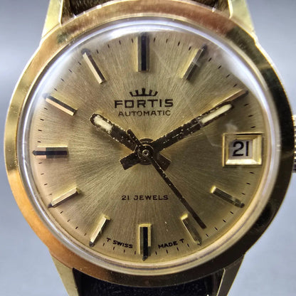 Fortis Automatic Watch Women 21mm Gold Dial Gold Plated Date Round Runs Vintage1