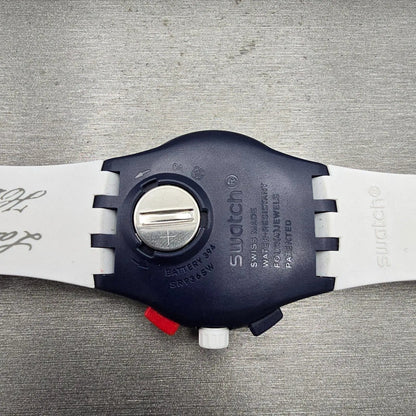 Swatch Free & Brave Chronograph Watch Men White Dial Blue Date SUSZ401 New Batt410